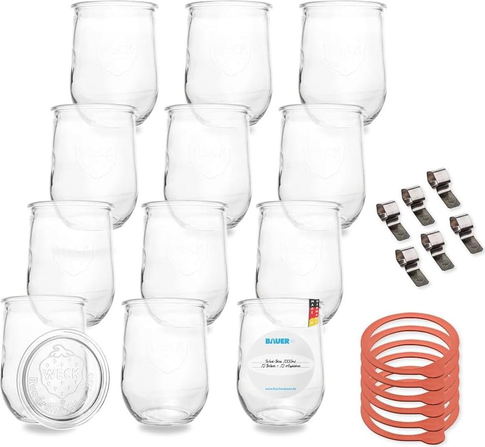 Set van 12 merkloze inmaakpotten voor levensmiddelen, 1 liter per stuk