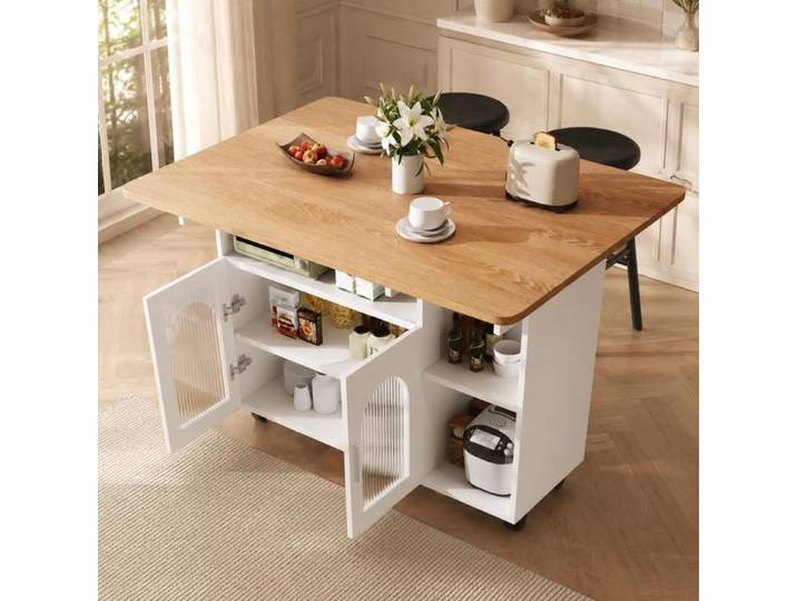 Îlot de cuisine moderne blanc avec rangement desserte amovible buffet multifonction et plateau effet bois