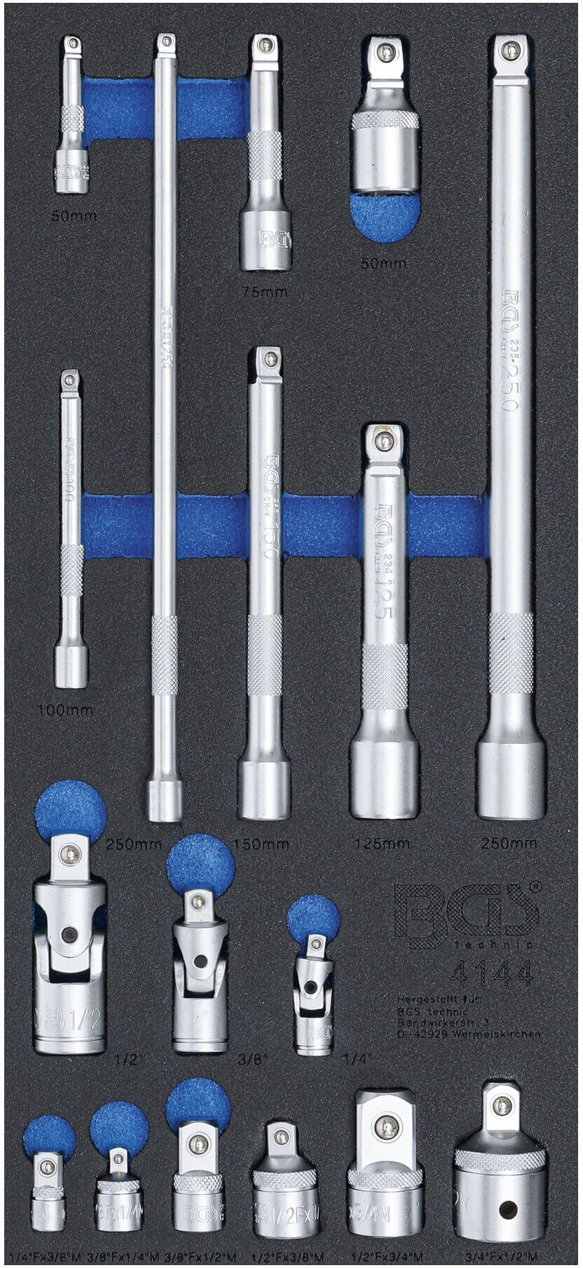 BGS technic Werkstattwageneinlage 1/3: Verlängerungs-, Adapter- und Gelenk-Satz 17 teilig aus Schaumstoff mit Verlängerungs-, Adapter- und Gelenk-Satz für Werkstattwagen, 4144)