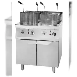 Nudelkocher mit 2 Schüsseln 35+35 Liter. Inklusive Körbe. Piezoelektrisch. Hahn zum Laden/Entladen. Abmessungen (BxTxH) 80x90x114 cm. Modell AT9G8P-F