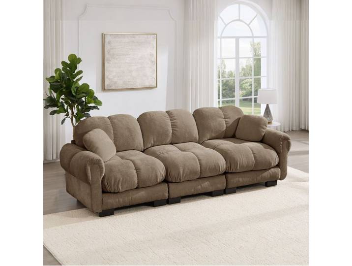 Canape Modulable 3 Places En Chenille Marron Sofa Droit Moderne FloraGrace Pour Salon Montage Simple 122x59x49cm