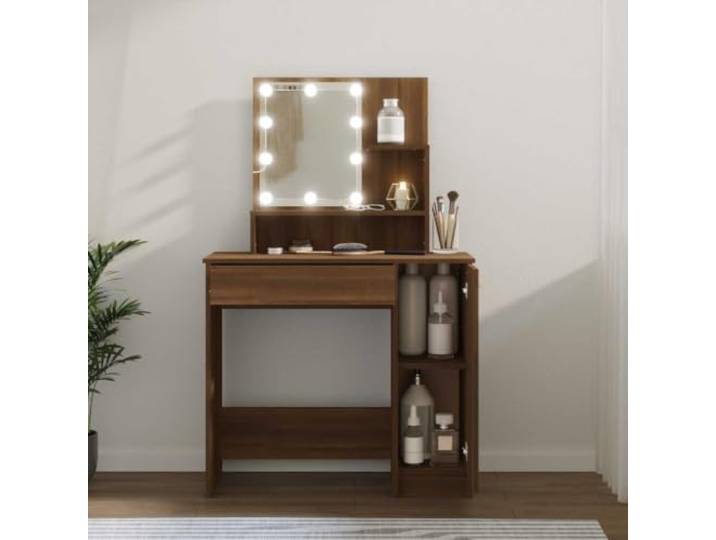 Xolmizyn Schminktisch mit LED & Spiegel, Braun Eichen-Optik, 86.5x35x136 Inklusive USB-Lampen, Asymmetrisches Design, Viel Stauraum, Holzwerkstoff