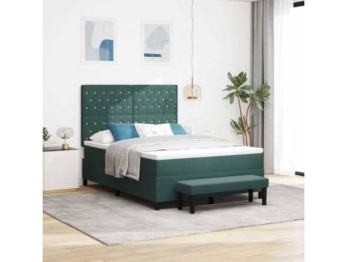 Samt Kopfteil Luxus Boxspringbett Elegant Dunkelgrün 140 x 200 cm Boxspringbett mit Matratze Dunkelgrün 140 x 200 cm Samt Bett mit Kopfteil Lattenrost Luxus Doppelbett Modern