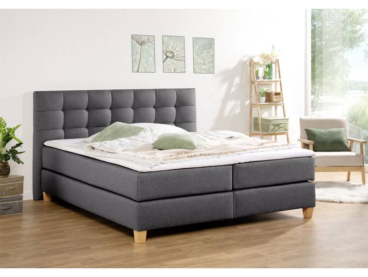 Boxspringbett, Samtstoff, Anthrazit, 214×211 cm, Mit Topper & 3 Härtegraden, Modern, Home-affaire