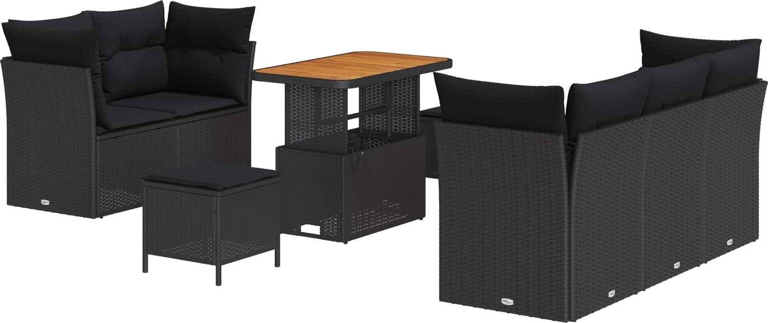Modulares Gartenmöbel-Set, 8-teilig, für Outdoor-Essbereich & Lounge, Poly-Rattan & Akazienholz, höhenverstellbarer Tisch, 5 Sitzplätze, Schwarz