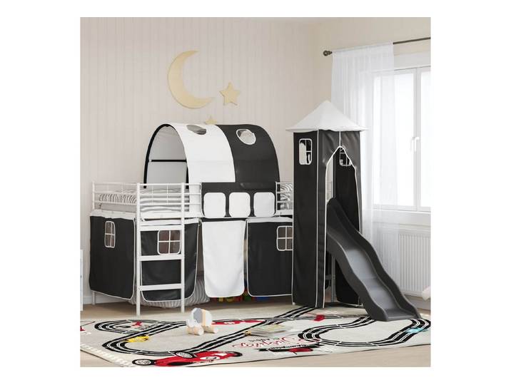 furnicato Bett Kinderloftbett 100 x 200 cm Weiß und Schwarz (1-tlg), Hochbett mit Vorhangsystem und atmungsaktiven Netzpaneelen