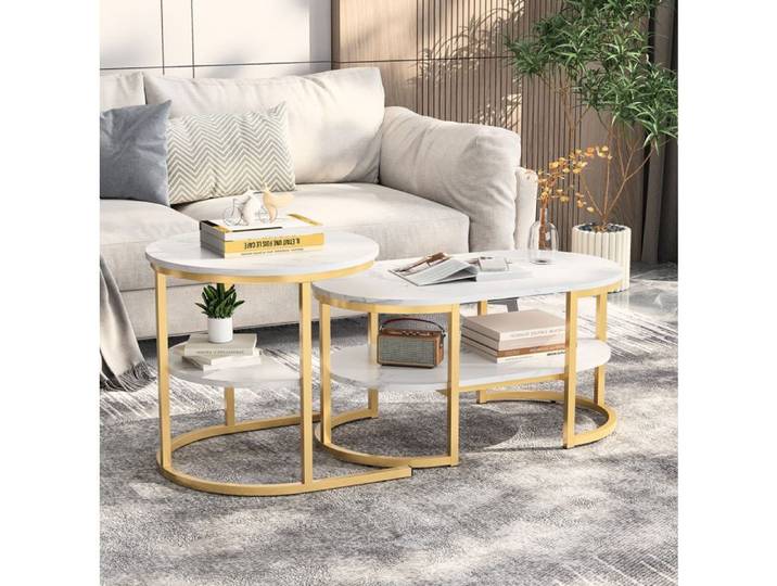 WUVRIE Table basse emboîtable dorée effet marbre avec rangement salon