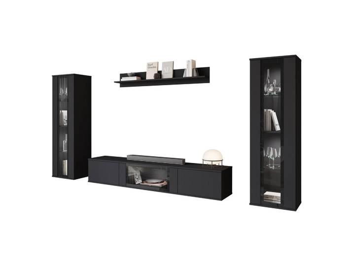 Mirjan24 Wohnwand Caro mit weißer LED Beleuchtung, Schwarz, Kunststoff, Rechteckig, 180x30x33 cm, Wohnzimmer, Wohnwände