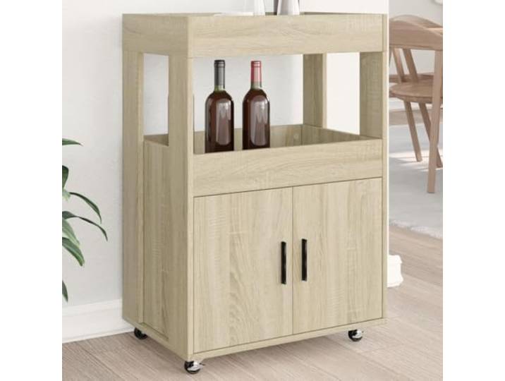 Jkghdrt Barwagen Sonoma-Eiche 60x39,5x89 cm Holzwerkstoff mit Rollen Feststellbare Rollen, viel Stauraum, Servierwagen, Küchenhelfer, Esszimmer, Wohnzimmer
