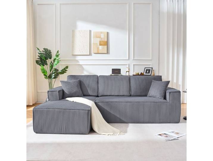 JOINERY canapé angle modulable compressé méridienne velours côtelé gris 235 x 128 x 60 cm 2 coussins salon appartement
