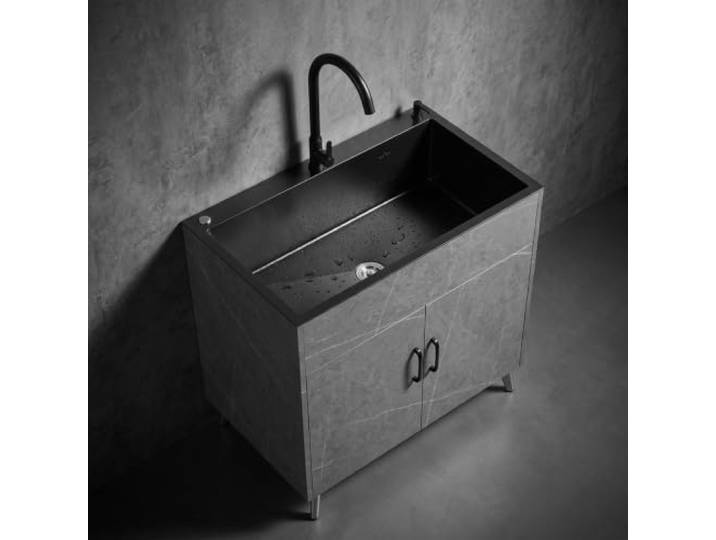 Edelstahl Küchenspüle mit Unterschrank und ausziehbarem Wasserhahn Gebürsteter Edelstahl, freistehendes Design, großer Stauraum, flexible Armatur(A,55.12CM X 44.96CM_FIXED‑SPOUT)