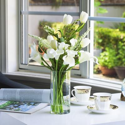 Enova Home Mixed Artificial Cream Real Touch Tulip and Lily Fake Silk Flowers Arrangement in Clear Glass Vase for Home Decor