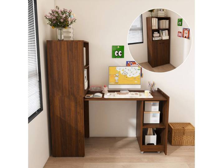 Bureau secrétaire extensible avec meuble de rangement MDF noyer foncé étagères réglables et roulettes Grjofek