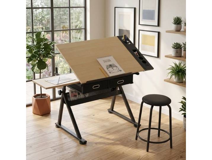Bureau de dessin - ZEVKOR - Bureau de dessin inclinable - 2 tiroirs - Plateau inclinable 0-75° - Tabouret réglable