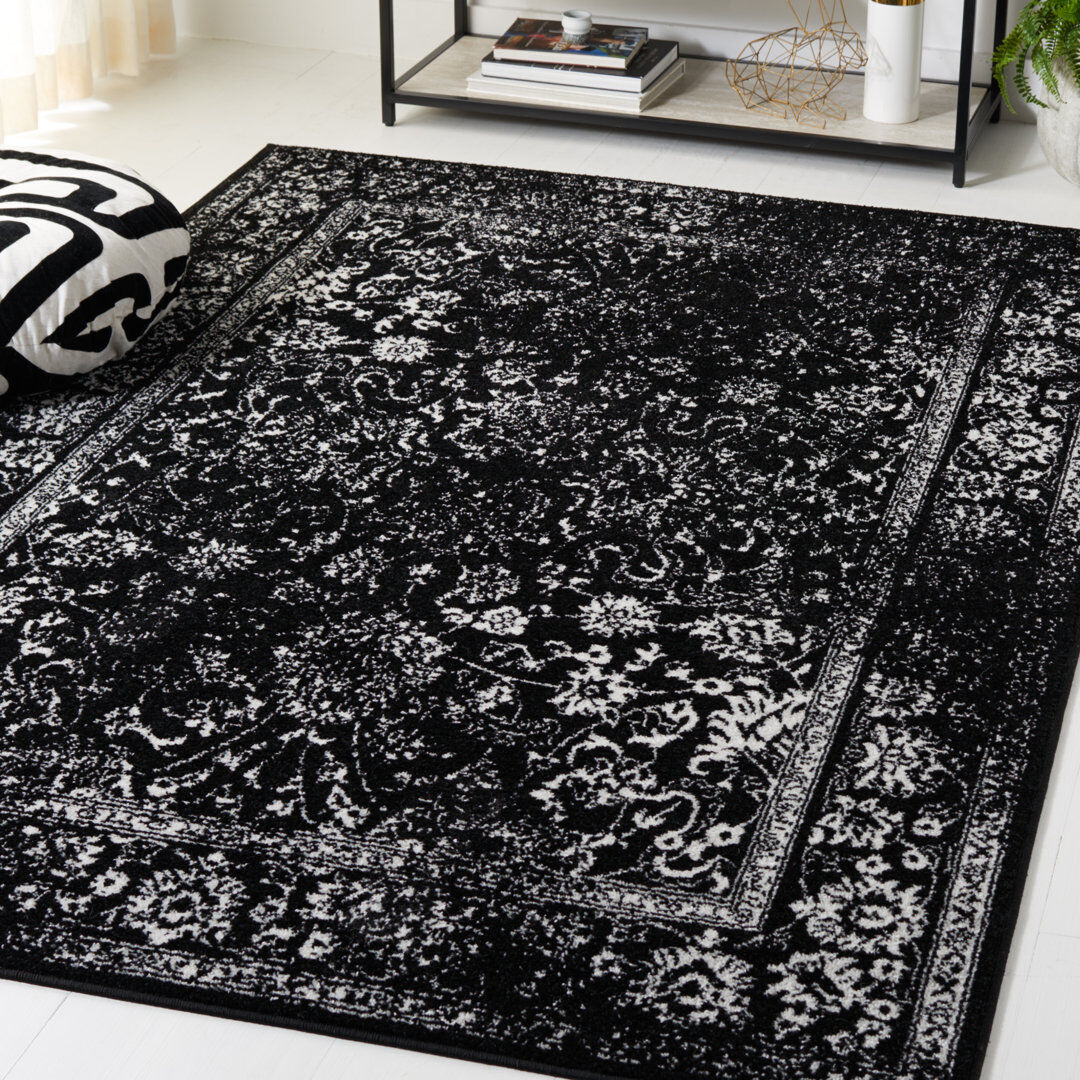 Rosalind Wheeler Ellarene Adirondack Blossom Vine Area Rug In Black & Ivory White;Black Rectangle 122 x 183 cm