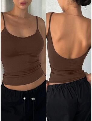 Discount Dollar Deals Women Backless Cami Crop Top, Summer Solid Color Sleeveless Top, Casual Streetwear Fashion coffee l