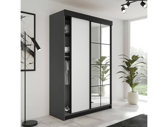 KIER FURNITURE Kleiderschrank LAMARO Graphit/Weiß 138x205x59 cm Geräumiger Schiebeschrank mit platzsparenden Türen und Stauraum für Kleidung, Wäsche und Accessoires