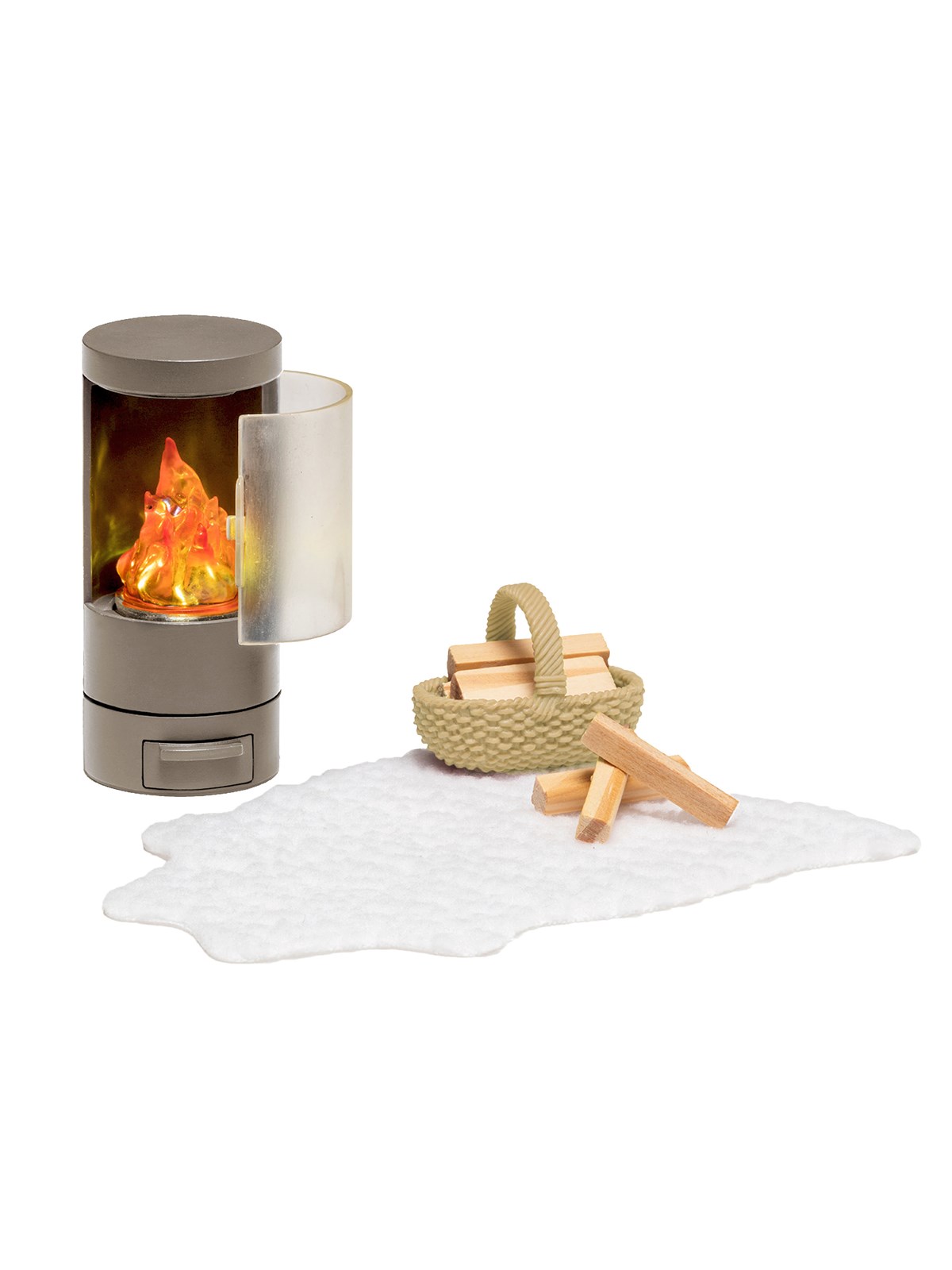 Micki Lundby Kamin mit leuchtenden Flammen, Korb, Brennholz und Teppich. Kamin kann geöffnet werden.