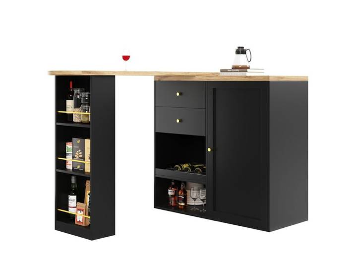 Îlot central pivotant – meuble de cuisine MDF noir – rangement ouvert tiroirs porte coulissante