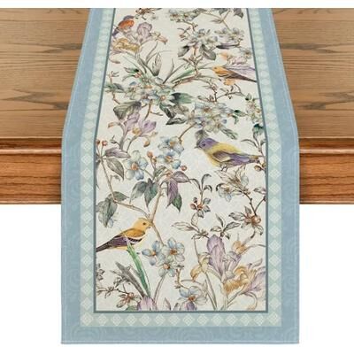 Inspire Essentials Blue Birds Floral Linen Table Runner Elegant Dining Table Decor For Home And Events 70.8x13inch