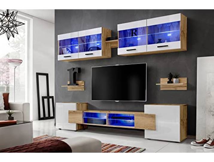 Komodee Wohnwand TV Foggia Weiß/Wotan 230x195x35 cm Wohnwand RTV Foggia, Front in Weiß Karkasse in Wotan Matt, Breite 230cm x Höhe 195cm x Tiefe 35cm, Ohne Leds, für Wohnzimmer