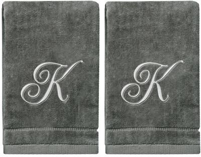 Creative Labs Soft Velour Silver Monogrammed Towels Fingertip - Set of 2