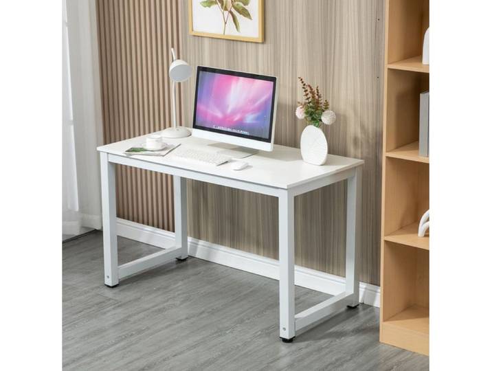 Bureau droit grand plateau structure métal montage facile - HAVRYA - pour bureau MDF blanc 120×60×74 cm