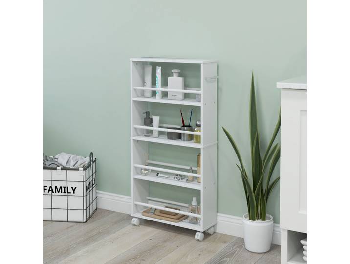 HOMCOM Étagère Étroit 4 Niveaux avec Roulettes Blanc 45x15x91 cm