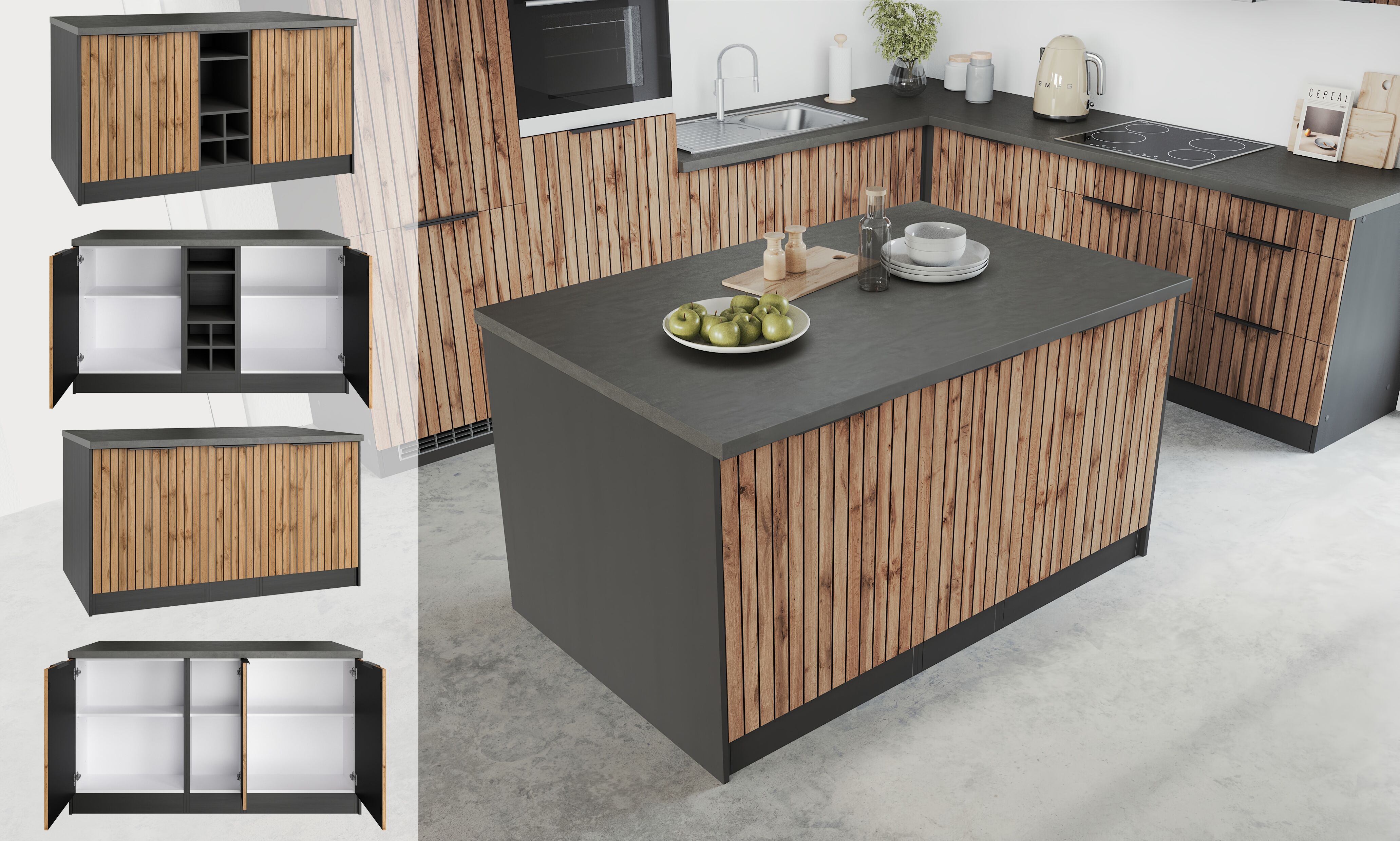 Kücheninsel KOCHSTATION "KS-Lagos", beige (küche: natur, front: listrado eiche, korpus: grafitgrau, arbeitsplatte: betongrau), B:153cm H:86cm T:100cm, Komplettküchen-Sets, Kücheninsel, Kücheninsel 153/100 cm, mit höhenverstellbaren Möbelfüssen küche: natu
