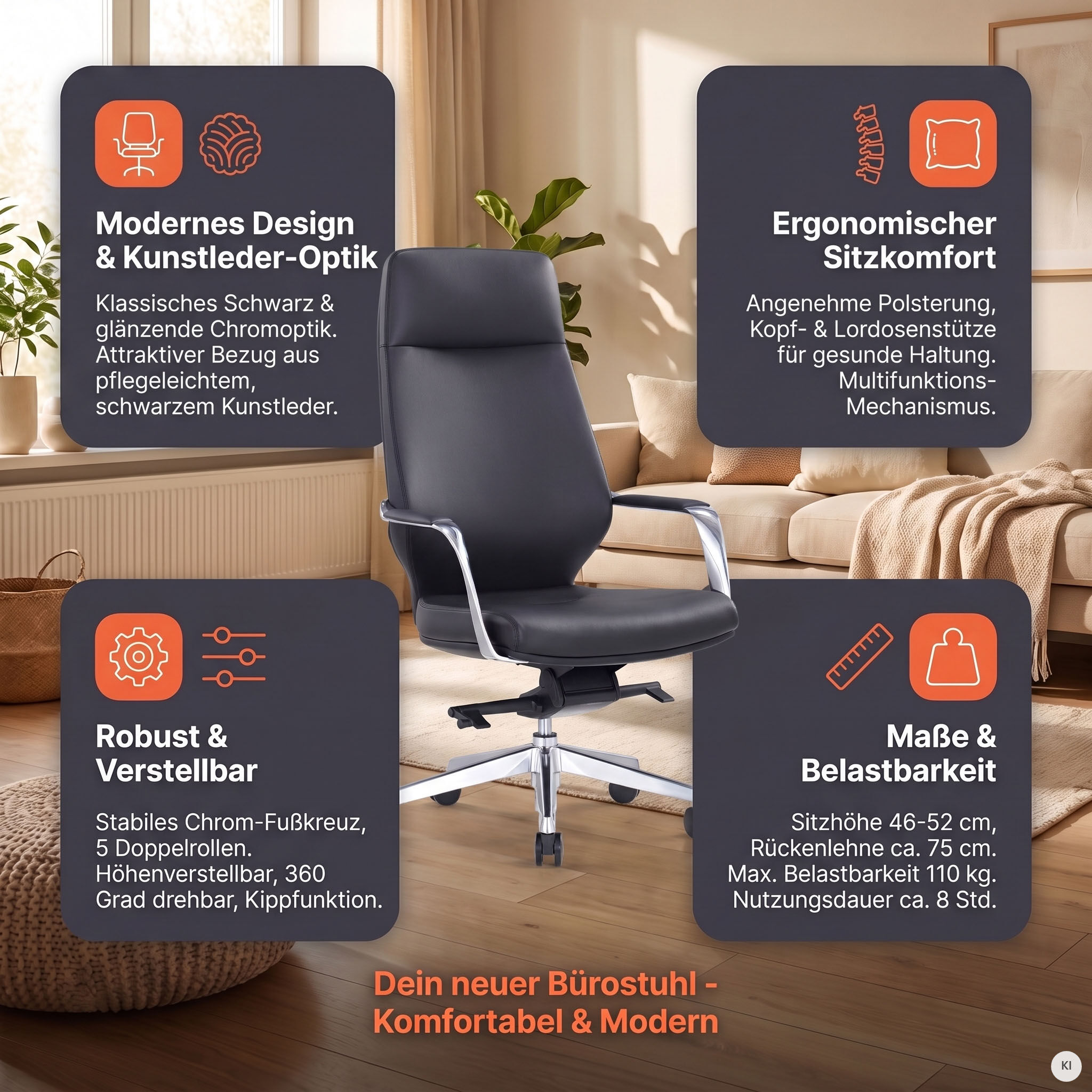 Drehstuhl SALESFEVER "mit Stil und Komfort", schwarz (schwarz, chromfarben, chromfarben, schwarz), B:63cm H:120,5cm T:66cm, Polyurethan, Stühle, Drehstuhl, Ergonomischer Bürostuhl mit pflegeleichtem Kunstlederbezug schwarz, chromfarben, chromfarben, schwa