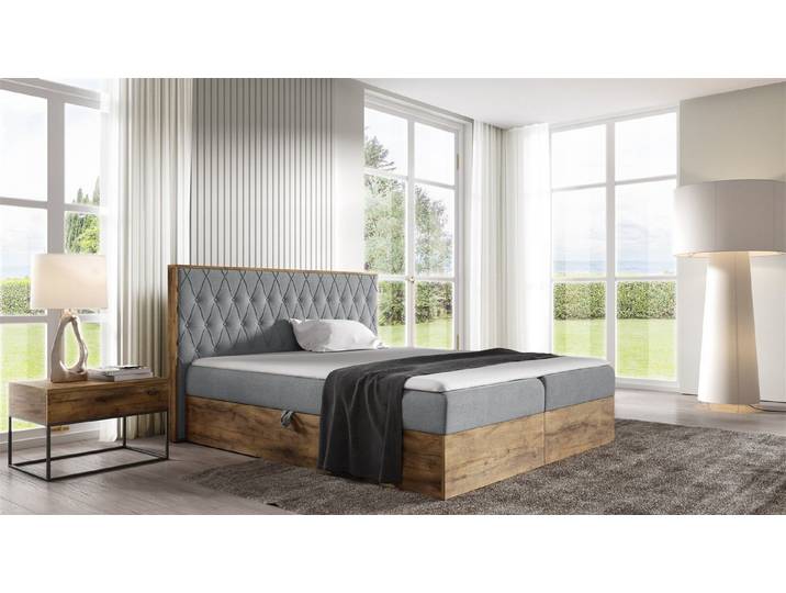 Fun Möbel Boxbett Schlafzimmerbett BROMIA in Stoff Lancelot-Eiche-Optik (Füße: Kunststoff, inkl. Kaltschaumtopper und Bettkästen), Lancelot-Eiche-Optik