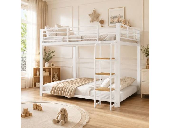 Lit superposé 2 places 140x200cm Lit enfant Lit mezzanine en métal - Blanc