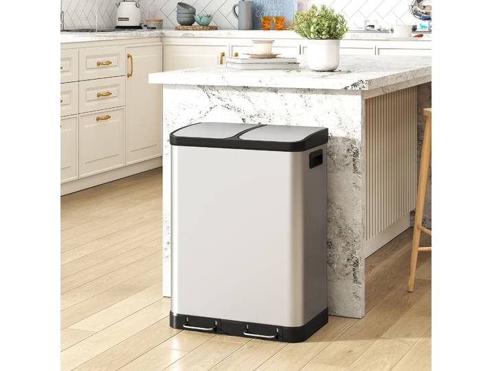 HOMCOM Poubelle Double 2x30L Acier Inox Cuisine Argent Pédale
