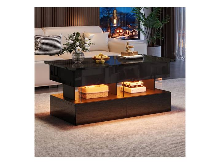 Fine Life Pro Couchtisch Höhenverstellbarer Couchtisch, LED, 2 Schubladen, Stauraum, 100x50x46 cm, MDF+Acryl, Hochglanz-Schwarz, modernes Design