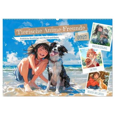 Tierische Anime-Freunde - Fröhliche Streifzüge mit Hund und Katze (Wandkalender 2027 DIN A2 quer), CALVENDO Monatskalender