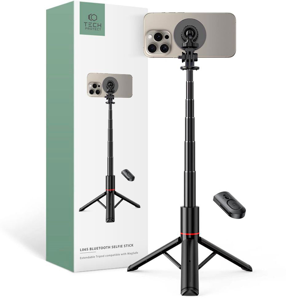 L06S Tech-Protect Kompakt Selfiestang m. Tripod & Bluetooth - MagSafe Kompatibel - Sort