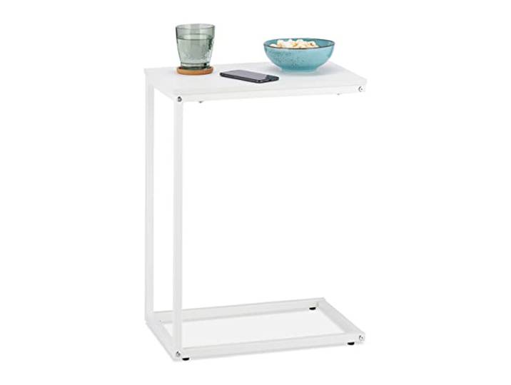 Relaxdays Beistelltisch C-Form, HBT: 60 x 30 x 45 cm, Sesseltisch zum Unterschieben, Metall & Holzoptik, Sofatisch, weiß