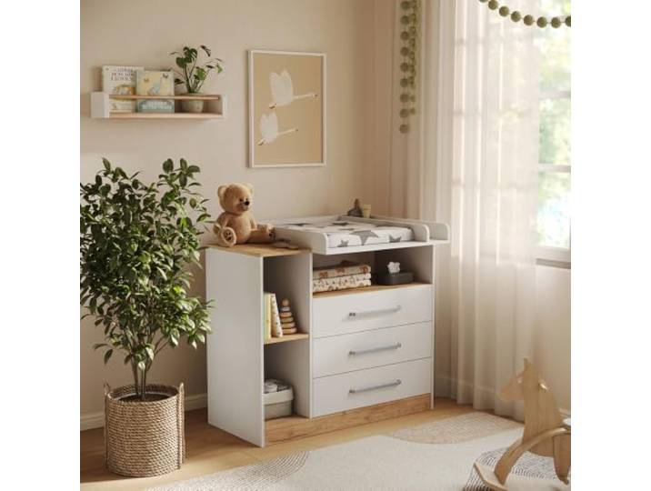 Vicco Wickelkommode Olina, Weiß/Goldkraft Eiche 110 x 93 cm