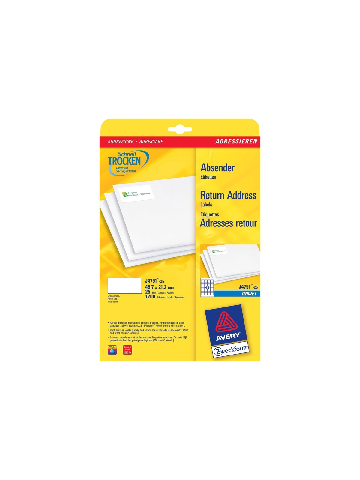 Avery Zweckform J4791 - return address labels - 1200 label(s) - 21.2 x 45.7 mm
