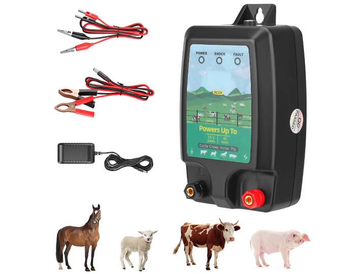 Électrificateur de clôture électrique 10KM 1,5 Joule DC 12V pour bétail, vaches, chevaux