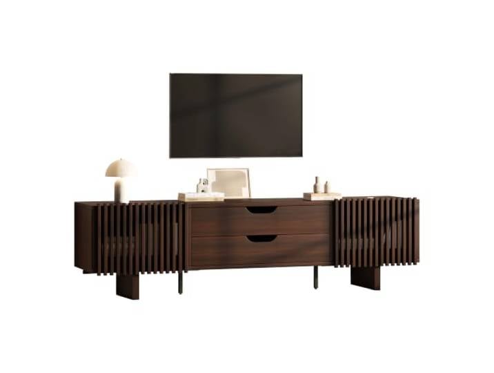 Ropilly tv Schrank 180 cm lowboard nussbaum dunkel fernsehschrank 75 Zoll 180 cm dunkler Walnuss TV‑Schrank aus MDF, Schubladen und Lamellentüren für TVs bis 75 Zoll.