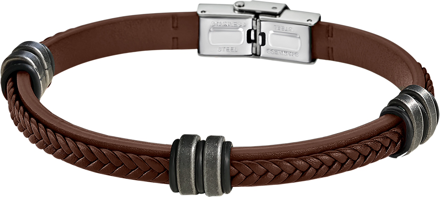 Armband LOTUS "Silent Impact", braun (braun, gunfarben, edelstahlfarben, schwarz), Armbänder, 23cm, Edelstahl Kautschuk Leder, Edelstahl, Kautschuk, Leder, Armband