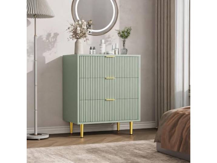 GarveeLife Kommode Wellenfront 3 Schubladen 60×40×75 cm Olivgrün Goldene Griffe und Metallfüße ergänzen das stilvolle Design für Schlafzimmer, Wohnzimmer und Flur