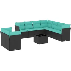 vidaXL 10-teiliges Gartensofa-Set mit Kissen, schwarzes Polyrattan