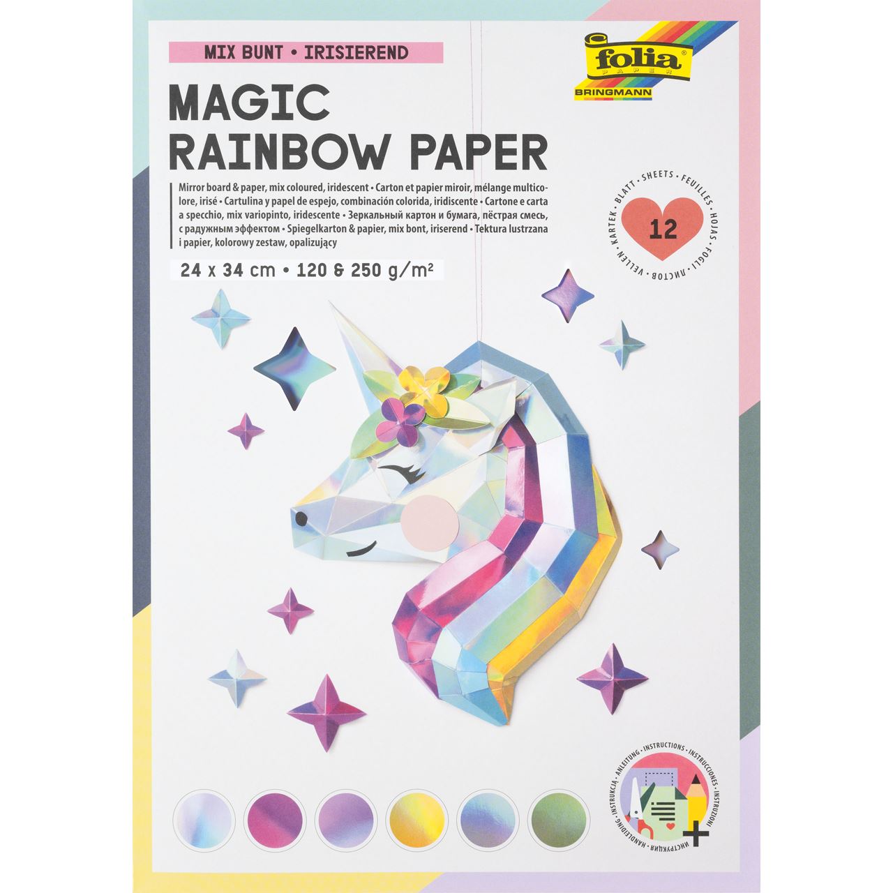folia Tonpapier Magic Rainbow Paper farbsortiert 120 / 250 g/qm 12 Blatt