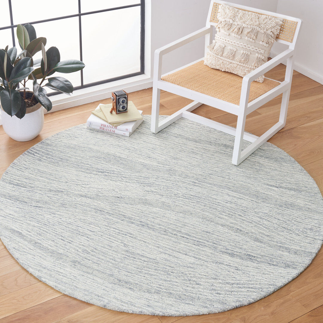 Ivy Bronx Abstract Wool Hand Tufted Area Rug Grey / Ivory Round 183 cm