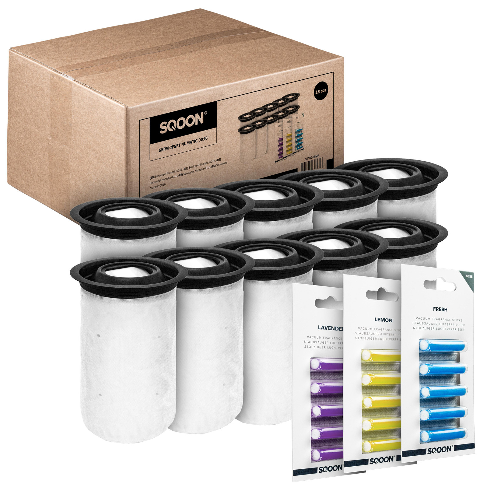 SQOON Set van 10 Stofzuigerzakken en 15 Geursticks voor Numatic Henry Quick, Hetty Quick en NQ Quick (vervangt 915744 en 915269)