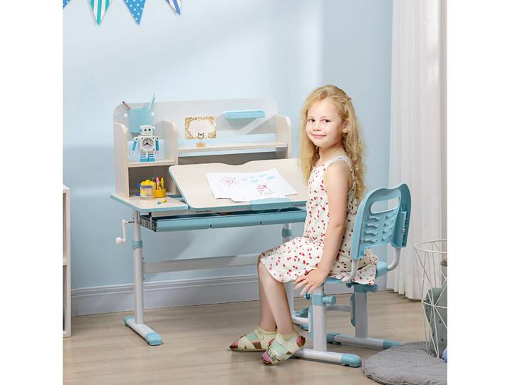 HOMCOM Bureau et Chaise Enfant Réglable avec Tiroir Bleu