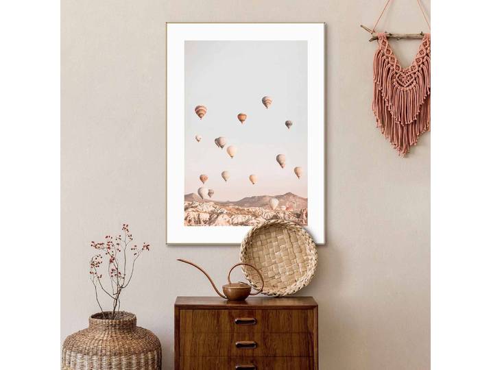 Bild Heißluftballon Ballonfahrt Print in Holzrahmen Beige 50 x 70 x 1cm