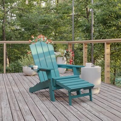 Lancaster Home Commercial All-Weather Adirondack Chair with Pullout Ottoman & Cupholder